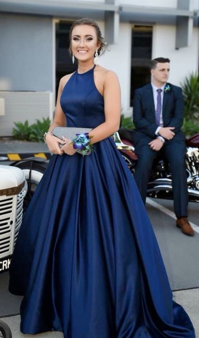 simply halter navy blue long prom dress ,Evening Dresses