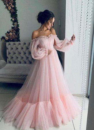 Off Shoulder Puffy Sleeves Pink Tulle Prom Dress ,Mermaid Evening Dresses