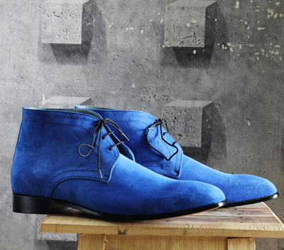New Handmade Half Ankle Blue Suede Lace Up Boot For Men's