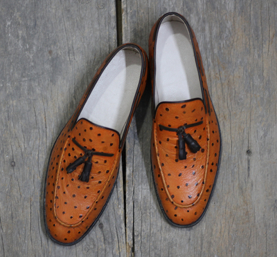 Handmade Tan Leather Tussles Loafers Shoes For Men's