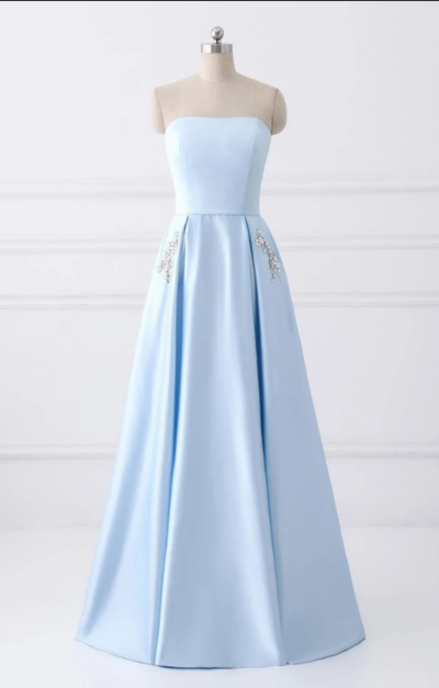 A Line Floor Length Strapless Light Blue Prom Dress