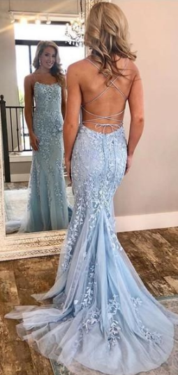 Sexy Mermaid Backless Blue Lace Prom Dresses ,Party Dress