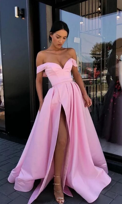 Off Shoulder Long Prom Dress with Slit, Sexy Evening Dress