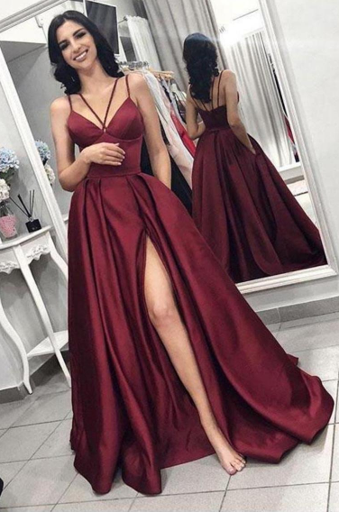 Spaghetti Straps A-Line Sexy Sweep Train Prom Dresses with Slit
