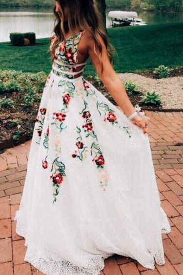 A Line V Neck Floral Embroidery Lace Prom Dresses ,Evening Dresses