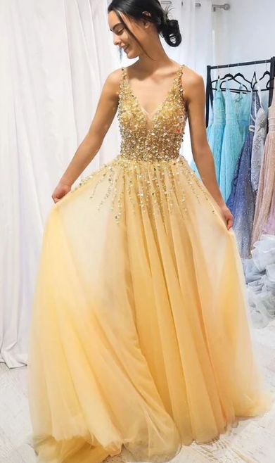 Popular A Line Beading Long Prom Dress, Evening Dress 2020