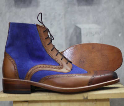 Handmade Wing tip Ankle Boots Mens Blue Brown Leather Boots