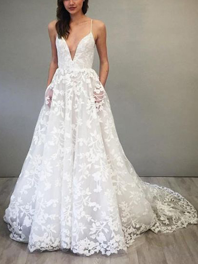 Gorgeous A-Line V Neck Spaghetti Straps Open Back White Lace Wedding Dresses with Pockets,Bridal Gown