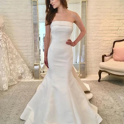 Simple mermaid strapless ivory satin long wedding dresses with bow-knot,bridal gown - Thumbnail 4