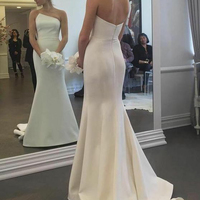 Unique Mermaid Irregular Neck Open Back Ivory Satin Long Wedding Dresses - Thumbnail 1