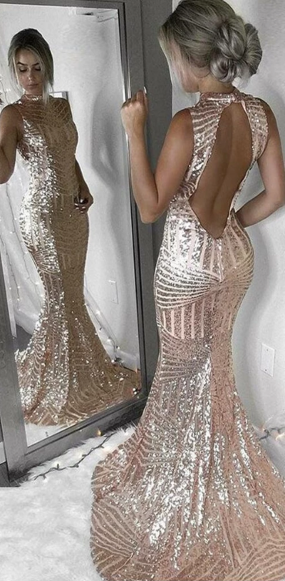 Elegant Mermaid Fashion Sexy Open Back Sequin Prom Dresses, party dress