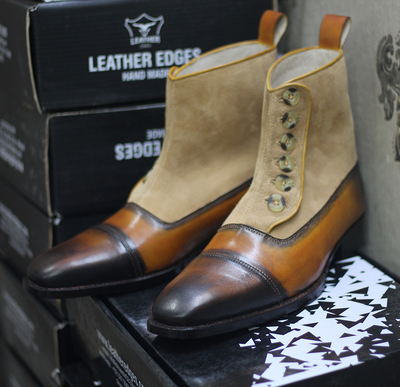 Men's Handmade Tone Brown & Beige Ankle Button Top Cap Toe Leather & Suede Boots