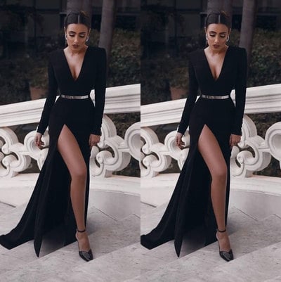 Deep V Neck Black Prom Dresses with Split Side Gold Sash