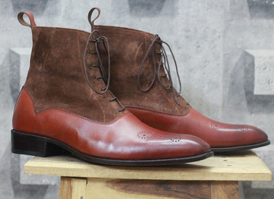Men's Handmade Brown & Burgundy Ankle Boots,Lace Up Leather & Suede Boots