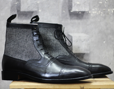 Handmade Ankle high Black Cap Toe Leather Lace Up Boots For Men's