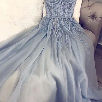 Fairy a-line sweetheart open back grey tulle long prom dresses with beading,formal party dresses - Thumbnail 4