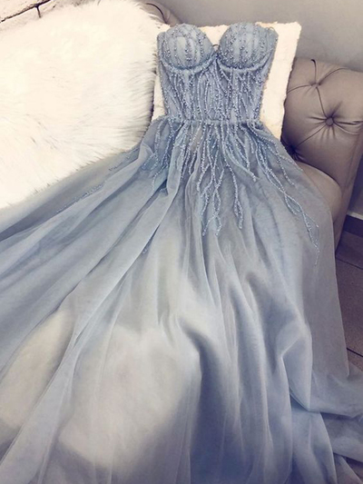 Fairy A-Line Sweetheart Open Back Grey Tulle Long Prom Dresses with Beading,Formal Party Dresses