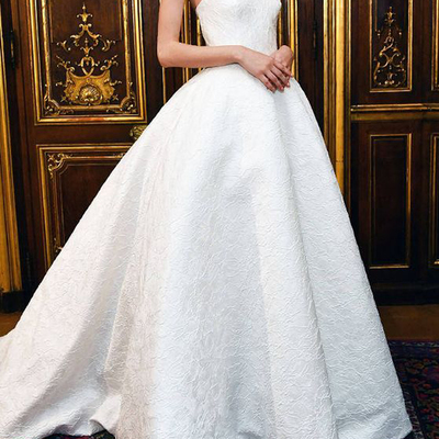 Classy a-line strapless sweetheart open back white satin lace long wedding dresses - Thumbnail 4