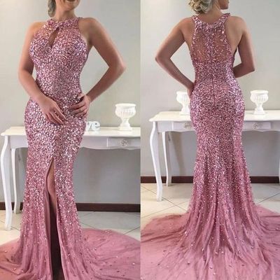 Stunning mermaid halter cross back champagne blush satin long prom dresses with beading,formal party dresses - Thumbnail 3