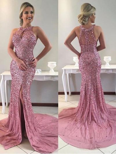 Stunning Mermaid Halter Cross Back Champagne Blush Satin Long Prom Dresses with Beading,Formal Party Dresses