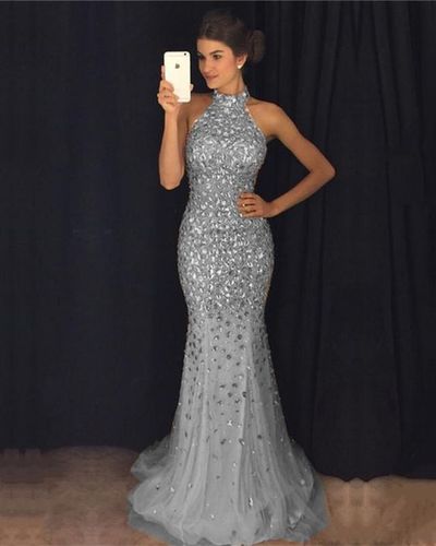 Elegant Mermaid Halter Backless Grey Gold Beading Long Prom Dresses,Evening Party Dresses
