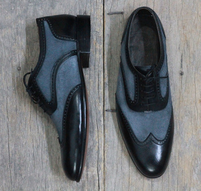 Men's Handmade Black & Gray Wing Tip Leather Suede Shoes