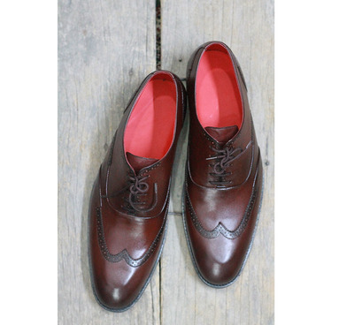 Men's Handmade Brown Wing Tip Leather Lace Up Shoes