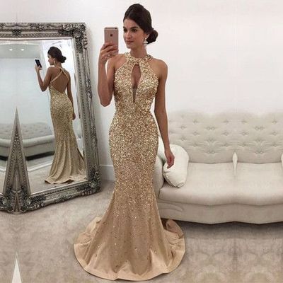 Stunning Mermaid Halter Cross Back Champagne Blush Satin Long Prom Dresses with Beading,Formal Party Dresses