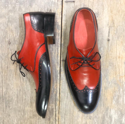 Men's Handmade Brown Black Wing Tip Leather Lace Up Shoes