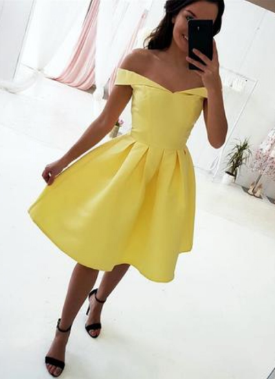 Off the Shoulder Yellow Homecoming Dress ,Short Prom Dress