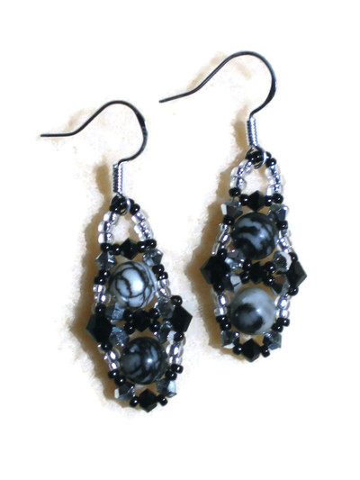 Black Silk Stone and Crystal Sterling Earrings