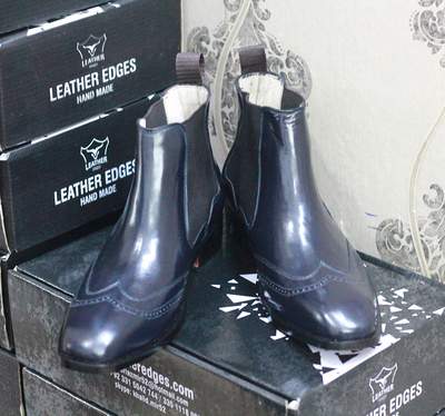 Handmade Ankle High Black Wing Tip Boots,Chelsea Leather Boot For Men's