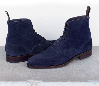Handmade Navy Blue Wing Tip Ankle Suede Lace Up Men's Boot