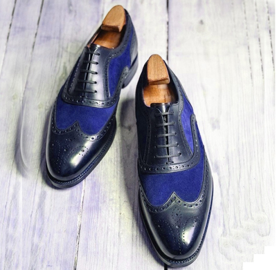 Men's Handmade Blue Black Wing Tip Brogue Leather Suede Lace Up Shoes