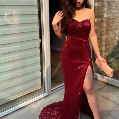 Shiny mermaid sweetheart open back burgundy sequins long prom dresses with high split,evening party dresses - Thumbnail 5