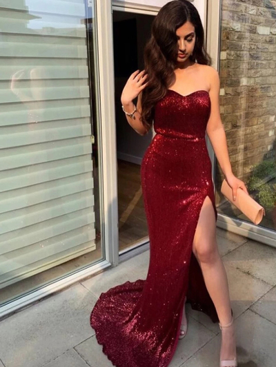 Shiny Mermaid Sweetheart Open Back Burgundy Sequins Long Prom Dresses with High Split,Evening Party Dresses