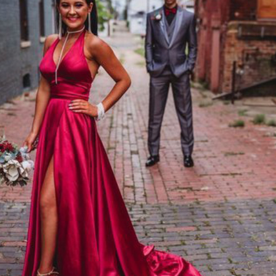 Charming a-line halter v neck open back red satin long prom dresses with high split,evening party dresses - Thumbnail 4