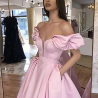 Princess Ball Gown Off the Shoulder Open Back Pink Satin Long Prom Dresses with Pockets,Formal Party Dresses - Thumbnail 1