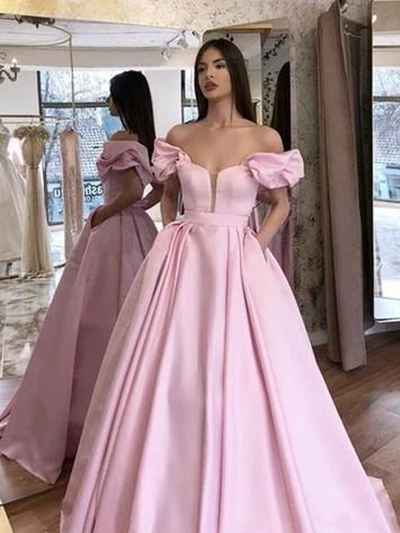 Princess Ball Gown Off the Shoulder Open Back Pink Satin Long Prom Dresses with Pockets,Formal Party Dresses