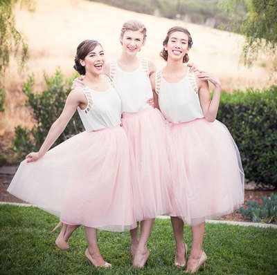 Two Piece Pink Tea Length Bridesmaid Dresses for Wedding