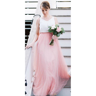 Two piece tulle pink bridesmaid dresses for wedding party - Thumbnail 4