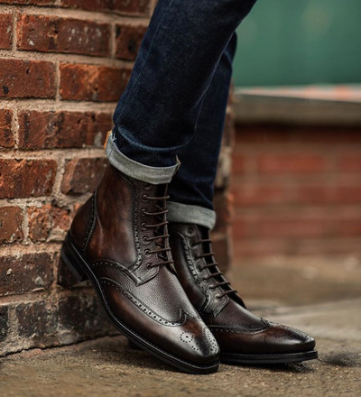 Men's Handmade Ankle High Dark Brown Wing Tip Brogue Pebbled Leather Lace Up Boot