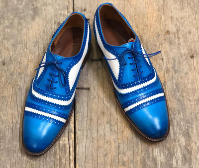 Men's Handmade White & Sky Blue Cap Toe Leather Lace Up Shoes