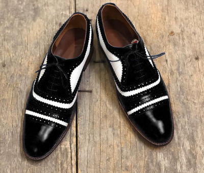 Men's Handmade White & Black Cap Toe Leather Lace Up Shoes