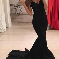 Mermaid V Neck Spaghetti Straps Black Prom Dresses - Thumbnail 1