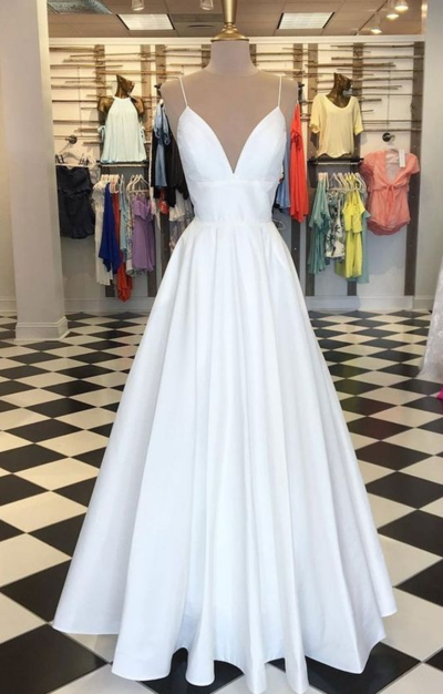 Simple A-Line V Neck White Prom Dresses,Satin Long Formal Dresses