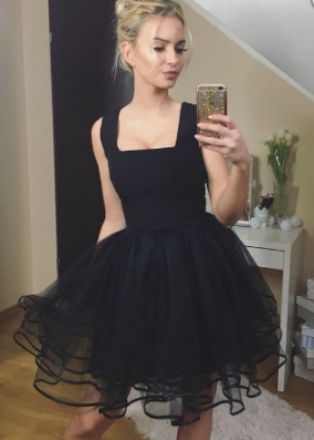 Cute Square Neck Tulle Short Homecoming Dress,Little Black Dress