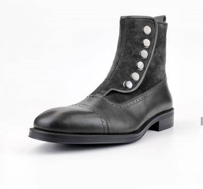 Men's Ankle Boots Black Button Top & Side Zipper Leather Suede Boot