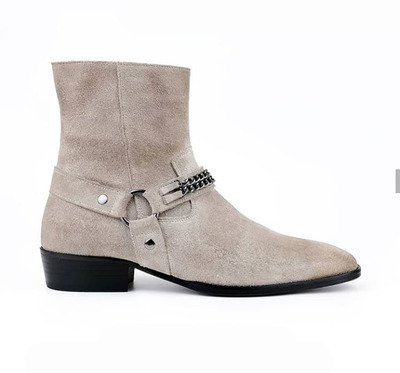 Handmade Men's White Madrid Straps & Chain Style Suede Boot