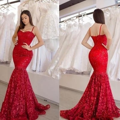 Mermaid red spaghetti straps lace prom dresses  - Thumbnail 3